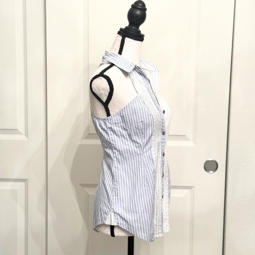 Maeve Blue, White Pinstriped Sleeveless Button-Down Top Blouse w/Collar, 0 - Picture 3 of 8